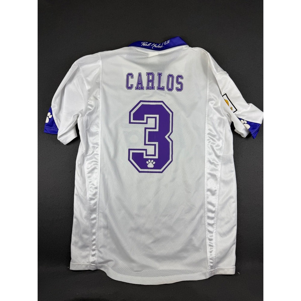 VTG Kelme Mens White Real Madrid 1997-98 Home Soccer Polo Shirt Carlos #3 2XL